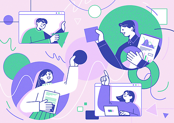 여자 남자 선 일러스트 비즈니스 그래프 협력 함께함 들기 여러명 상반신 성인 생활 노트북 사각형 보라색 가리킴 업무 삼각형 주기 문서 인터넷창 성인만 국내일러스트 AI파일 도형 컬러 다수 컨셉 인터넷 모션 사람 손짓 전자제품 작업 파일형식 벡터