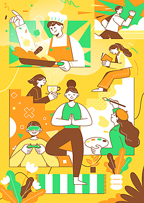 전신 여자 남자 꽃 화분 커피 러닝셔츠 일러스트 요가 함께함 요리 미술 들기 여러명 상반신 성인 취미 생활 초록색 독서 달리기 운동 요리사 앞치마 게임 그리기 프라이팬 커피잔 게임기 집중 성인만 국내일러스트 AI파일 식물 직업 웰빙 음료 컬러 다수 컨셉 셔츠 모션 놀이 주방용품 문화예술 잔 건강 사람 파일형식 벡터