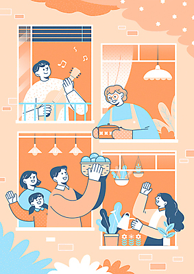 나무 여자 노년 남자 꽃 화분 어린이 음악 연주 음표 과일 일러스트 창문 전등 조명 함께함 들기 여러명 상반신 성인 생활 주황색 물뿌리개 기타 블라인드 커튼 냄비 창가 주기 손인사 획득 이웃 국내일러스트 AI파일 식물 기호 컬러 다수 컨셉 모션 현악기 문화예술 사람 인사 솥 파일형식 벡터