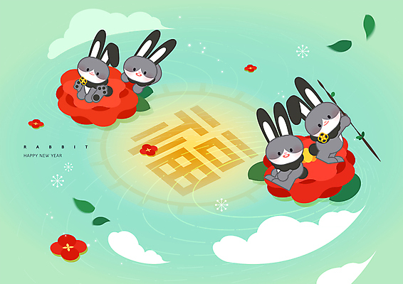 구름 여러마리 일러스트 새해 들기 앉기 여러명 사람없음 초록색 토끼띠 토끼 잡기 복 승차 토끼캐릭터 노젓기 동백 새해복많이받으세요 뱃놀이 2023년 흑토끼 계묘년 국내일러스트 AI파일 자연요소 꽃 컬러 동물캐릭터 다수 배_교통 포유류 모션 사람 반려동물 전통놀이 한자 십이지신 연도 파일형식 벡터