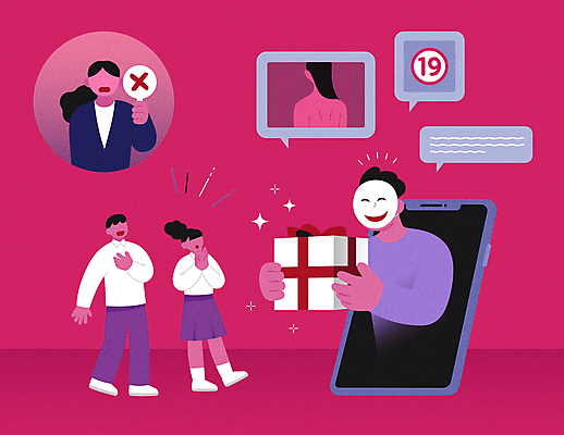 전신 여자 남자 말풍선 일러스트 청소년 경고 선물 가면 들기 여러명 상반신 성인 선물상자 스마트폰 놀람 속임수 X 범죄인 예방 온라인 19금 성범죄 성희롱 채팅 얼굴없음 디지털성범죄 그루밍성범죄 국내일러스트 AI파일 알파벳 감정 다수 모션 표정 사람 핸드폰 스마트기기 상자 금지 범죄 파일형식 벡터