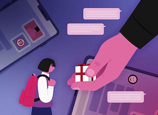 손 말풍선 일러스트 청소년 선물 한명 들기 성인 신체부위 선물상자 스마트폰 보라색 범죄인 눈물 예방 온라인 성범죄 성희롱 채팅 얼굴없음 십대여자한명만 수치심 디지털성범죄 그루밍성범죄 국내일러스트 AI파일 1 감정 컬러 모션 사람 핸드폰 스마트기기 상자 범죄 여자한명만 십대여자만 파일형식 벡터