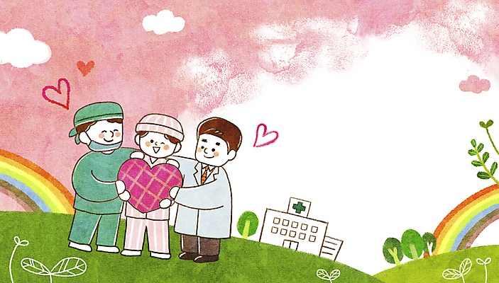 전신 PSD 구름 여자 남자 무지개 일러스트 어깨동무 병원 사랑 서기 미소 웃음 들기 성인 세명 화목 환자 의사 하트 수술복 환자복 성인만 국내일러스트 자연요소 모양 옷 감정 포즈 컨셉 의학 모션 표정 사람 의료진 가운 파일형식