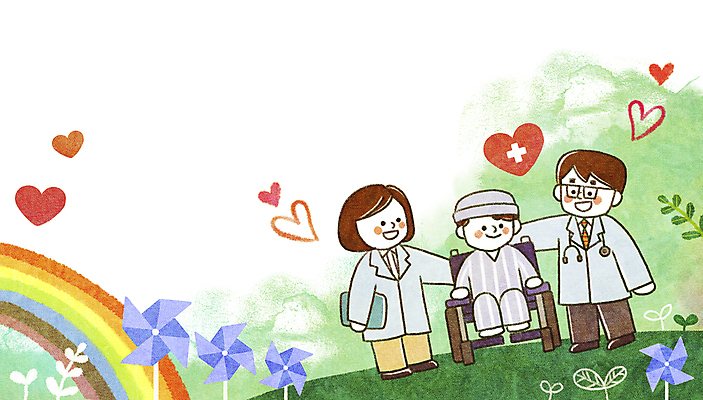 전신 PSD 여자 남자 무지개 일러스트 사탕 서기 웃음 앉기 성인 세명 초록색 화목 환자 의사 하트 바람개비 휠체어 성인만 국내일러스트 자연요소 모양 컬러 컨셉 의학 모션 디저트 표정 사람 의료진 파일형식