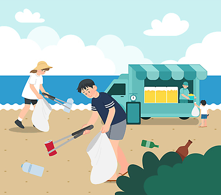 전신 구름 여자 남자 어린이 일러스트 서기 들기 소년 여러명 상반신 성인 해변 걷기 자연보호 그린캠페인 거래 쓰레기 교환대 쓰레기줍기 환경운동 푸드트럭 플로깅 비치코밍 국내일러스트 AI파일 자연요소 캠페인 바다 다수 모션 자연 사람 트럭 보호 파일형식 벡터 줍기