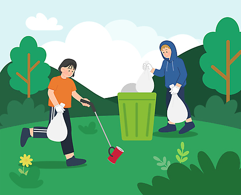 전신 나무 구름 여자 남자 일러스트 산 집게 들기 성인 두명 걷기 자연보호 그린캠페인 쓰레기통 쓰레기 버리기 산속 쓰레기줍기 환경운동 성인만 플로깅 국내일러스트 AI파일 자연요소 식물 캠페인 모션 자연 사람 보호 파일형식 벡터 줍기