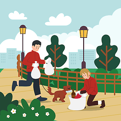 전신 나무 한마리 공원 여자 남자 반려견 가로등 일러스트 하늘 들기 성인 두명 반려동물 걷기 자연보호 그린캠페인 산책 강아지 쓰레기 무릎꿇기 쓰레기봉투 공원길 쓰레기줍기 환경운동 성인만 플로깅 국내일러스트 AI파일 식물 동물 1 공공시설 길 캠페인 모션 자연 휴식 봉투 사람 개 보호 파일형식 벡터 줍기
