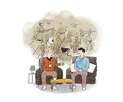 전신 PSD 할아버지 노년 남자 일러스트 가족 탁자 손자 말하기 이야기 대화 앉기 여러명 상반신 성인 소파 군인 전쟁 과거 6.25전쟁 남자만 썰 국내일러스트 직업 가구 다수 컨셉 의자 관계 모션 사람 손주 신조어 국군 파일형식