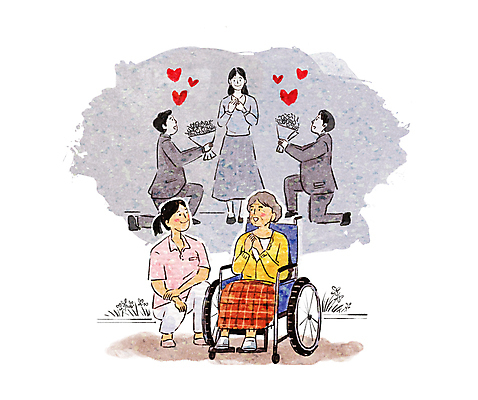 전신 PSD 여자 노년 남자 할머니 꽃다발 프로포즈 일러스트 이야기 대화 사랑 서기 들기 앉기 여러명 성인 간호사 무릎꿇기 휠체어 과거 웅크림 썰 국내일러스트 꽃 감정 다수 컨셉 모션 말하기 사람 의료진 신조어 파일형식