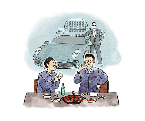 전신 PSD 남자 중년 일러스트 성공 말하기 이야기 대화 서기 들기 상반신 성인 세명 식사 비즈니스맨 부자 상사 동료 직원 오픈카 부하 스포츠카 과거 따봉 부하직원 자랑 남자만 썰 국내일러스트 컨셉 비즈니스 관계 모션 승용차 자동차 사람 최고 직장인 신조어 파일형식