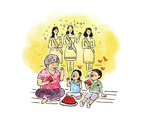 전신 PSD 여자 노년 남자 할머니 어린이 일러스트 가족 손자 손녀 수박 이야기 대화 서기 들기 앉기 소녀 소년 여러명 성인 하트 우승 먹기 미녀 과거 미스코리아 미인대회 수박조각 자랑 썰 국내일러스트 모양 조각 다수 컨셉 과일 관계 모션 말하기 사람 최고 손주 미인 신조어 대회 파일형식