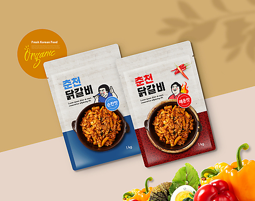 PSD 편집이미지 남자 한식 포장 들기 상반신 성인 두명 빨간색 파란색 먹기 매움 패키지 따봉 닭갈비 순한맛 즉석식품 춘천닭갈비 성인남자만 이미지편집 음식 컬러 모션 사람 닭고기 최고 맛 닭고기요리 남자만 성인만 파일형식