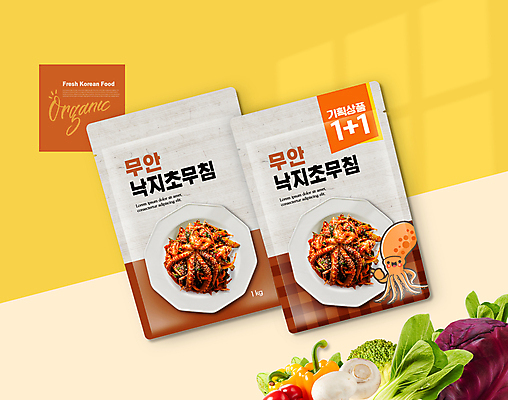 PSD 편집이미지 한마리 한식 포장 사람없음 갈색 패키지 따봉 무침 낙지 기획상품 낙지캐릭터 원플러스원 즉석식품 초무침 무안낙지 이미지편집 캐릭터 1 음식 컬러 연체동물 이벤트 수중동물 최고 상품 특산물 무안 파일형식