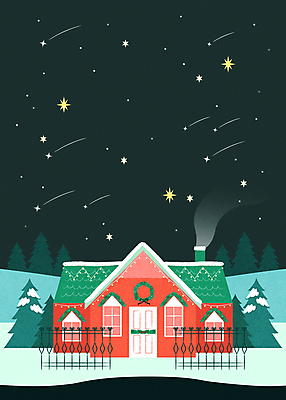 나무 별 크리스마스 겨울 일러스트 밤하늘 주택 사람없음 연기 야간 유성 겨울풍경 국내일러스트 AI파일 자연요소 식물 계절 기념일 하늘 풍경 건물 파일형식 벡터