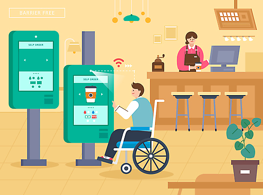 전신 여자 남자 화분 일러스트 상반신 성인 두명 카페 장애인 계산대 휠체어 바리스타 주문 편리함 비장애인 키오스크 성인만 장애인복지 배리어프리 국내일러스트 AI파일 직업 컨셉 사람 상점 복지 장애 파일형식 벡터