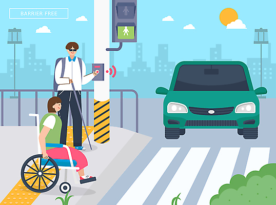 전신 여자 남자 일러스트 자동차 버튼 서기 앉기 경사 성인 두명 횡단보도 누름 신호등 장애인 알림 휠체어 편리함 시각장애인 성인만 장애인복지 배리어프리 국내일러스트 AI파일 육상교통 컨셉 모션 사람 보행로 복지 장애 파일형식 벡터