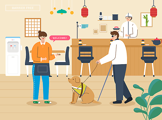 전신 한마리 여자 남자 일러스트 서기 상반신 성인 세명 걷기 장애인 종업원 고객 직원 환영 편리함 비장애인 시각장애인 안내견 웰컴 일식요리사 일식집 정수기 성인만 장애인복지 배리어프리 국내일러스트 AI파일 직업 1 컨셉 모션 사람 식당 요리사 개 복지 장애 파일형식 벡터