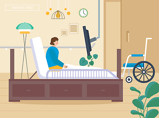 식물 응시 여자 일러스트 한명 앉기 상반신 성인 텔레비전 침대 스탠드 장애인 휠체어 편리함 등받이 미닫이문 성인여자한명만 장애인복지 배리어프리 국내일러스트 AI파일 1 시선 가구 컨셉 모션 조명 사람 전자제품 복지 장애 여자한명만 성인여자만 파일형식 벡터