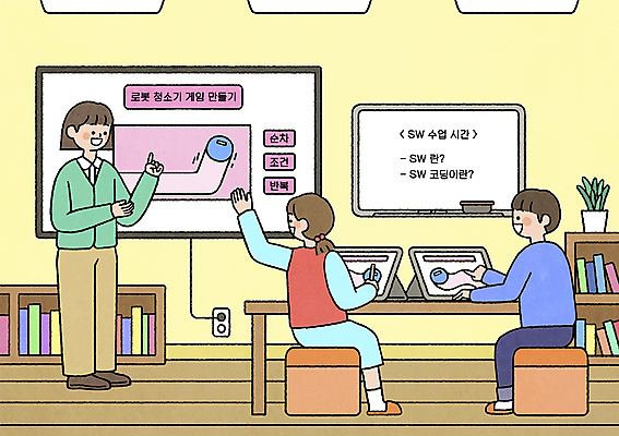 전신 PSD 여자 교육 남자 어린이 일러스트 학교 수업 서기 앉기 소녀 소년 성인 세명 태블릿 손들기 스크린 교사 게임 가리킴 화이트보드 만들기 청소기 소프트웨어 청소로봇 코딩 에듀테크 AI_인공지능 국내일러스트 직업 모션 놀이 정보기술 사람 손짓 전자제품 스마트기기 청소도구 로봇 컴퓨터교육 파일형식