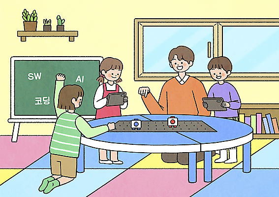 전신 PSD 여자 교육 남자 어린이 일러스트 교실 수업 서기 소녀 소년 여러명 성인 태블릿 손들기 교사 칠판 가리킴 무릎꿇기 로봇 책상 소프트웨어 코딩 에듀테크 AI_인공지능 국내일러스트 직업 가구 다수 학교 모션 정보기술 사람 손짓 전자제품 스마트기기 컴퓨터교육 파일형식