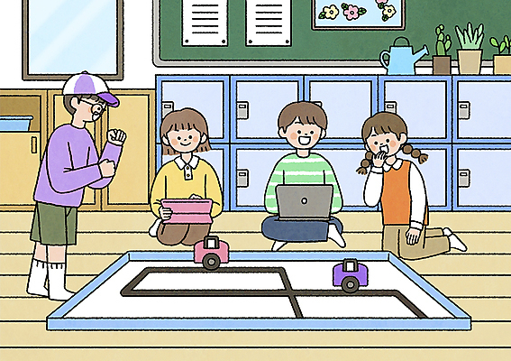 전신 PSD 여자 교육 남자 어린이 일러스트 교실 서기 앉기 소녀 소년 여러명 노트북 태블릿 로봇 구경 소프트웨어 어린이만 코딩 에듀테크 AI_인공지능 국내일러스트 다수 학교 모션 정보기술 사람 전자제품 스마트기기 컴퓨터교육 파일형식