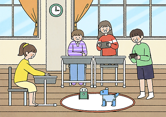 전신 PSD 여자 교육 남자 어린이 일러스트 교실 서기 앉기 소녀 소년 여러명 상반신 태블릿 로봇 구경 책상 조종장치 어린이만 코딩 에듀테크 AI_인공지능 국내일러스트 가구 다수 학교 모션 정보기술 사람 전자제품 스마트기기 장비 컴퓨터교육 파일형식