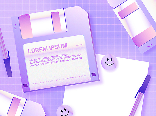 종이 스티커 일러스트 프레임 미소 사람없음 볼펜 보라색 빈티지 플로피디스크 복고 모눈종이 파스텔톤 카피스페이스 뉴트로 Y2K 국내일러스트 AI파일 컬러 컨셉 표정 펜 공백 파일형식 벡터