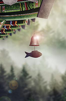 PSD 나무 백그라운드 불교 일러스트 자연 지붕 기와 사람없음 초록색 빛 평화 물고기모양 지붕처마 풍경종 국내일러스트 식물 문양 종교 컬러 컨셉 종 생태계 처마 파일형식