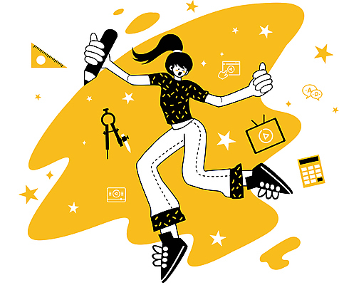 전신 여자 일러스트 한명 들기 성인 연필 노란색 점프 계산기 컴파스 성인여자한명만 MZ세대 국내일러스트 AI파일 1 컬러 모션 문구용품 학용품 사람 필기구 장비 세대 여자한명만 성인여자만 파일형식 벡터