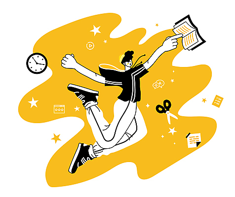 전신 남자 시계 일러스트 가위 한명 성인 책 노란색 점프 가리킴 성인남자한명만 MZ세대 국내일러스트 AI파일 1 컬러 모션 문구용품 사람 손짓 세대 남자한명만 성인남자만 파일형식 벡터