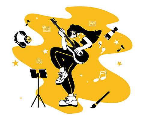전신 여자 연주 음표 일러스트 한명 들기 성인 스마트폰 노란색 헤드폰 기타 삼각대 다리들기 무선이어폰 성인여자한명만 MZ세대 국내일러스트 AI파일 1 기호 음악 컬러 이어폰 음향기기 모션 현악기 사람 핸드폰 스마트기기 세대 여자한명만 성인여자만 파일형식 벡터