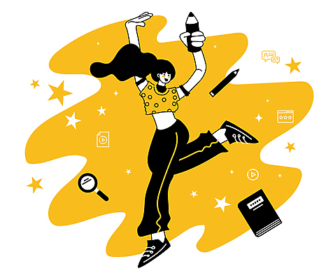 전신 여자 일러스트 돋보기 한명 들기 성인 책 연필 노란색 다리들기 성인여자한명만 MZ세대 국내일러스트 AI파일 1 컬러 모션 학용품 사람 필기구 세대 여자한명만 성인여자만 파일형식 벡터