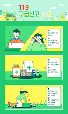 여자 노년 남자 할머니 말풍선 일러스트 안내 여러명 성인 건물 초록색 스마트폰 알약 노란색 환자 정보 응급 약병 구급차 소방관 구조원 눈물 통화 안전교육 119 구급대 구급요원 신고 심폐소생술 응급치료 주의사항 매뉴얼 행동요령 쓰러짐 국내일러스트 AI파일 직업 건축물 교육 감정 컬러 다수 의학 모션 자동차 주의 안전 사람 치료 핸드폰 스마트기기 약 긴급 소방 전화번호 병_담는 파일형식 벡터