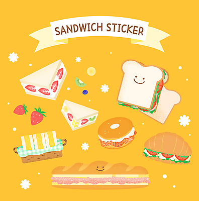 리본 빵 스티커 일러스트 딸기 샌드위치 사람없음 노란색 바구니 팬시 베이글샌드위치 아기자기 크루아상샌드위치 잠봉뵈르 과일샌드위치 계란샌드위치 국내일러스트 AI파일 음식 컬러 컨셉 과일 파일형식 벡터