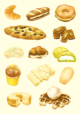 PSD 빵 스티커 일러스트 아이스크림 디저트 사람없음 유행 케이크 도넛 바게트 크루아상 메론빵 크림빵 크림치즈 파운드케이크 피낭시에 앙버터 크로플 아기자기 마들렌 소금빵 크로넛 국내일러스트 음식 컨셉 치즈 파일형식