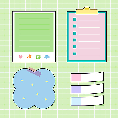 디자인 스티커 일러스트 문구용품 프레임 사람없음 세트 메모지 오브젝트 포스트잇 격자 모눈종이 서류판 체크리스트 카피스페이스 국내일러스트 AI파일 종이 무늬 사무용품 공백 파일형식 벡터