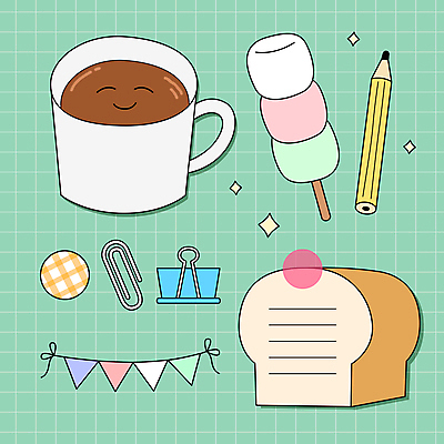 디자인 커피 스티커 일러스트 문구용품 프레임 사람없음 세트 연필 메모지 꼬치 식빵 오브젝트 체크무늬 격자 메모꽂이 모눈종이 마시멜로우 가랜드 서류집게 카피스페이스 국내일러스트 AI파일 종이 음료 빵 무늬 학용품 디저트 집게 필기구 사무용품 공백 파티용품 파일형식 벡터