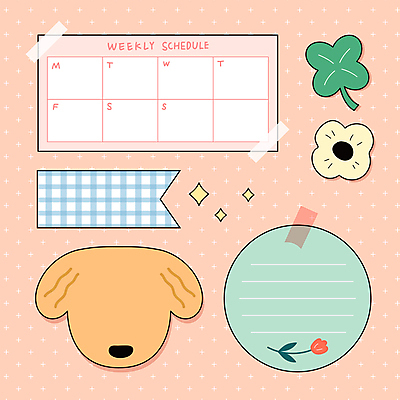 디자인 꽃 스티커 일러스트 문구용품 프레임 사람없음 세트 메모지 원형 일주일 강아지 네잎클로버 계획표 오브젝트 체크무늬 카피스페이스 국내일러스트 AI파일 도형 식물 무늬 반려동물 사무용품 공백 개 클로버 계획 파일형식 벡터