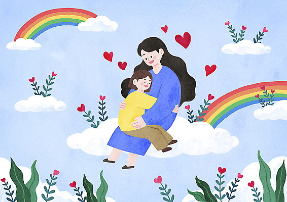 전신 PSD 구름 여자 딸 행복 어린이 하늘색 무지개 잎 일러스트 포옹 하늘 모녀 엄마 사랑 가족애 앉기 소녀 성인 두명 눈감음 화목 다정 하트 하트꽃 여자만 국내일러스트 자연요소 모양 식물 꽃 감정 컨셉 가족 안기 모션 사람 파란색 파일형식