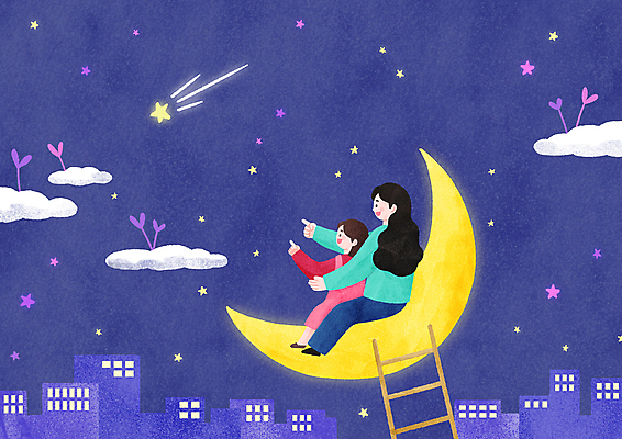 전신 PSD 구름 여자 딸 행복 어린이 야경 일러스트 사다리 밤하늘 모녀 엄마 가족애 앉기 소녀 성인 두명 건물 보라색 화목 다정 가리킴 야간 초승달 유성 여자만 국내일러스트 자연요소 건축물 감정 컬러 컨셉 가족 모션 하늘 사랑 사람 손짓 달 도구 파일형식 풍경_경치