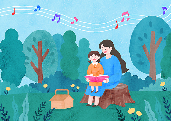 전신 PSD 나무 여자 딸 행복 어린이 음표 일러스트 모녀 엄마 휴식 사랑 가족애 들기 앉기 소녀 성인 두명 책 독서 소풍 화목 다정 숲속 힐링 선율 소풍바구니 여자만 국내일러스트 식물 기호 감정 음악 컨셉 가족 모션 사람 야외활동 바구니 숲 파일형식