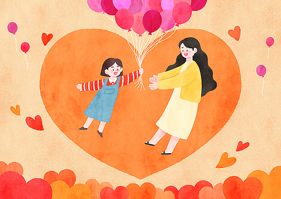 전신 PSD 여자 딸 행복 어린이 일러스트 모녀 엄마 사랑 가족애 소녀 성인 두명 공중 주황색 화목 다정 하트 비행 주기 전달 풍선 풍선잡기 여자만 국내일러스트 모양 감정 컬러 컨셉 가족 모션 사람 잡기 파일형식