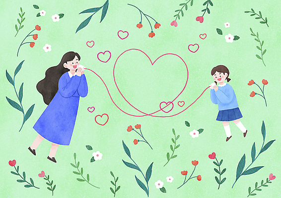 전신 PSD 여자 꽃 딸 행복 어린이 일러스트 모녀 엄마 말하기 사랑 가족애 들기 소녀 성인 두명 연두색 화목 다정 하트 풀 실전화기 애정표현 소통 실전화놀이 하트꽃 여자만 국내일러스트 모양 식물 감정 컨셉 가족 모션 놀이 사람 초록색 표현 파일형식