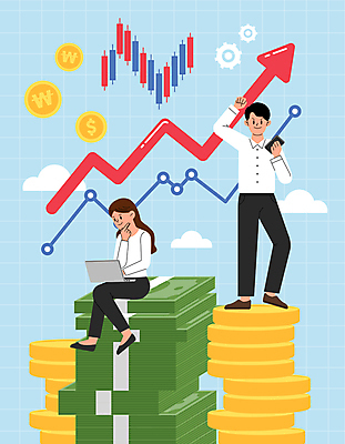 전신 여자 남자 화살표 하늘색 일러스트 들기 앉기 성인 두명 노트북 스마트폰 동전 주먹 돈다발 주식 재테크 투자 상승 동전탑 주가상승 주식투자 주식표 성인만 주린이 국내일러스트 AI파일 컨셉 돈 비즈니스 모션 사람 금융 파란색 전자제품 핸드폰 스마트기기 쌓기 신조어 파일형식 벡터