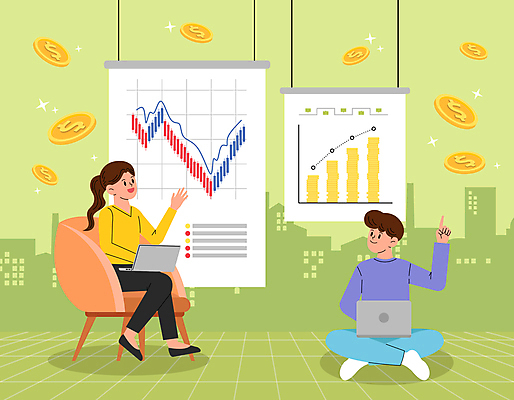 전신 여자 남자 의자 일러스트 그래프 앉기 성인 두명 연두색 노트북 동전 가리킴 주식 재테크 투자 금화 주식투자 주식표 성인만 주린이 국내일러스트 AI파일 가구 돈 비즈니스 모션 사람 손짓 초록색 금융 전자제품 황금 신조어 파일형식 벡터