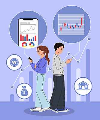 전신 여자 남자 일러스트 그래프 들기 성인 두명 스마트폰 보라색 주식 재테크 확인 투자 주식투자 주식표 성인만 주린이 국내일러스트 AI파일 컬러 비즈니스 모션 사람 금융 핸드폰 스마트기기 신조어 파일형식 벡터