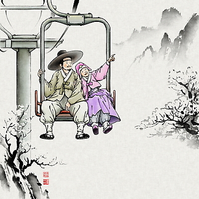 전신 PSD 나무 전통 여자 남자 겨울 일러스트 캘리그라피 레저 붓터치 스키장 산 눈꽃 성인 두명 도장 팔짱 눈 가리킴 잡기 승차 한복 동양화 언덕 번짐 낙관 민속화 스키리프트 풍속화 성인만 국내일러스트 자연요소 식물 한국전통 계절 모션 날씨 눈_날씨 미술 사람 손짓 전통의상 그림 리프트 파일형식 효과