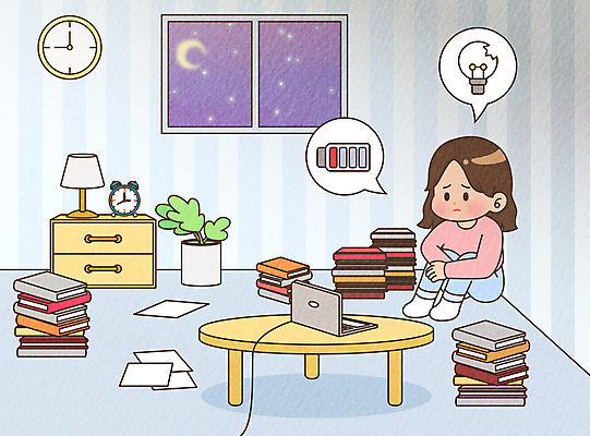 전신 여자 대학생 시계 말풍선 일러스트 전구 밤하늘 피곤 한명 성인 책 노트북 쌓기 손상 전기에너지 건전지 웅크림 무기력 방전 베터리 책더미 성인여자한명만 번아웃증후군 국내일러스트 AI파일 1 학생 컨셉 모션 하늘 사람 전자제품 에너지 야간 사회이슈 무더기 여자한명만 성인여자만 파일형식 벡터