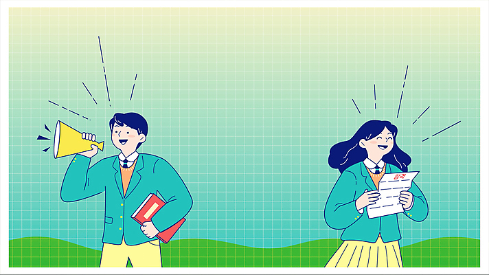 여자 남자 교복 응원 청소년 웃음 들기 타이포그라피 두명 책 초록색 파이팅 확성기 수능 입시 수험생 모집 동영상 합격통지서 십대만 카피스페이스 모션그래픽 MP4 MOV 문자 옷 컬러 모션 고등학생 표정 사람 학습 공백 시험 합격 파일형식