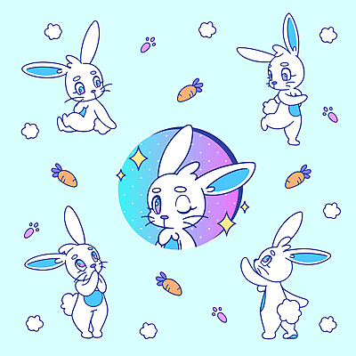 디자인 패턴 여러마리 일러스트 새해 프레임 윙크 사람없음 반짝임 귀여움 물방울무늬 당근 토끼 발자국 토끼캐릭터 뭉치 마스코트 2023년 키치 계묘년 국내일러스트 AI파일 동물캐릭터 다수 컨셉 무늬 포유류 자국 모션 뿌리채소 표정 반려동물 연도 파일형식 벡터